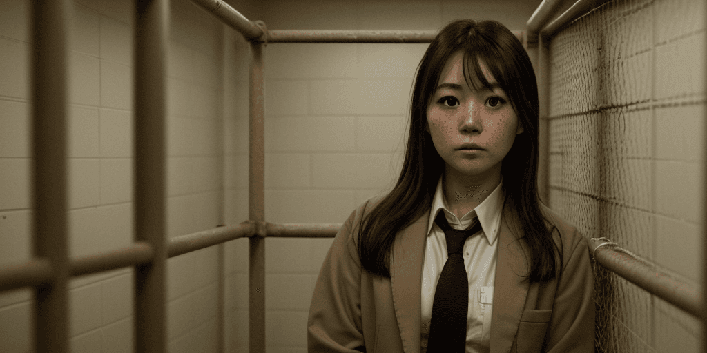 AI generated: photo of a Mayu Iwatani, cute face, detailed eyes, brown eyes, in prison cell, suit, sci-fi, dystopi...