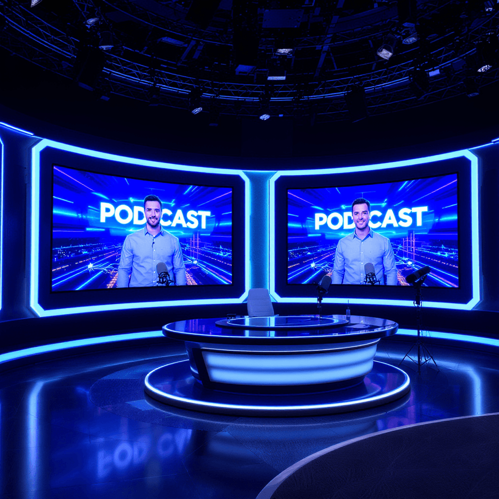 AI generated: futuristic ppodcast studio with the two presenters  on huge separate  Led screens in a huge studio s...