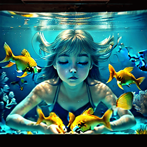 AI generated: "In a serene underwater world, capture the enchanting moment as a girl opens her eyes, surrounded by...