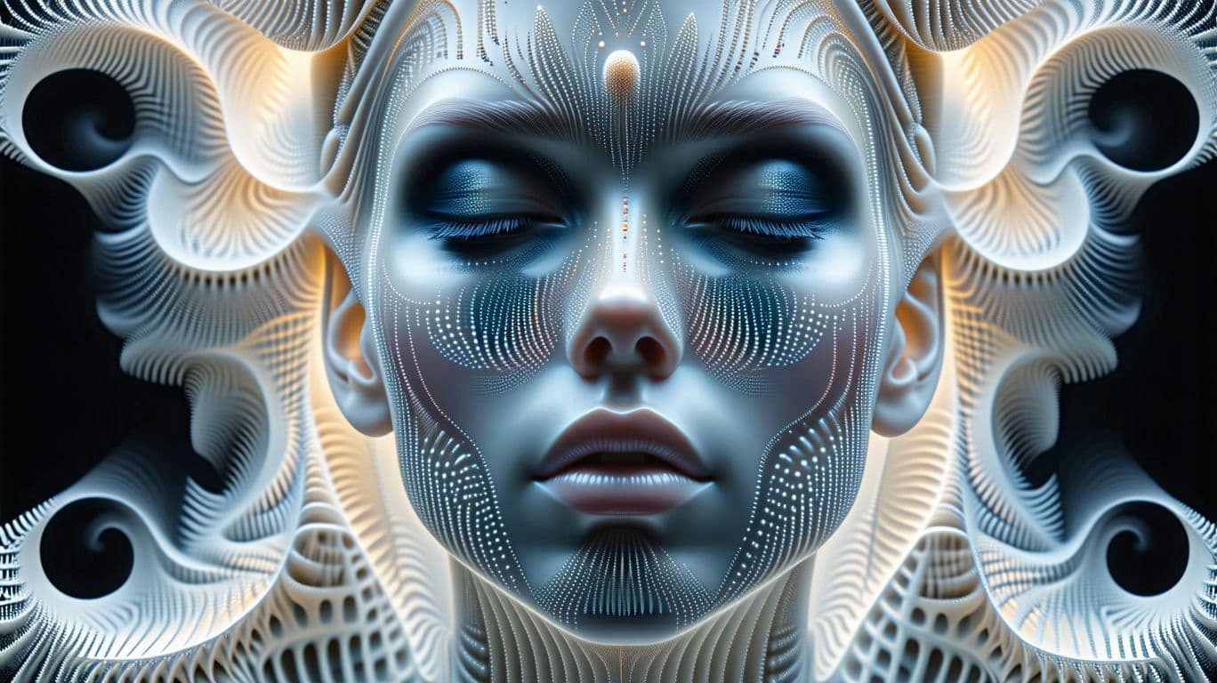 AI generated: Centered (Not covering all the space) Mandelbrot pattern of a beautiful symetric woman's face lookin...