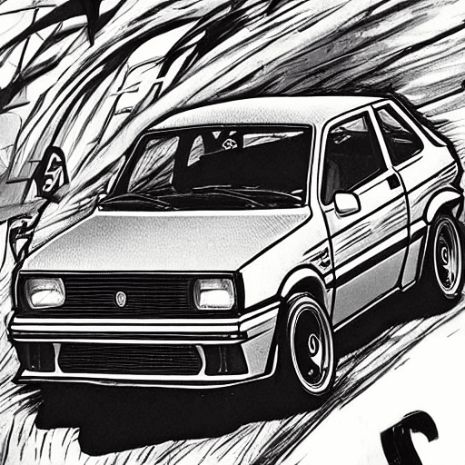 AI generated: Fiat uno mili 90s, drifting in initial d mountain, initial d art style, manga black and white, page ...