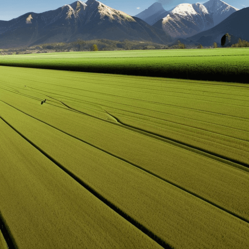 AI generated: flat style a sown field with trenches against the mountains  