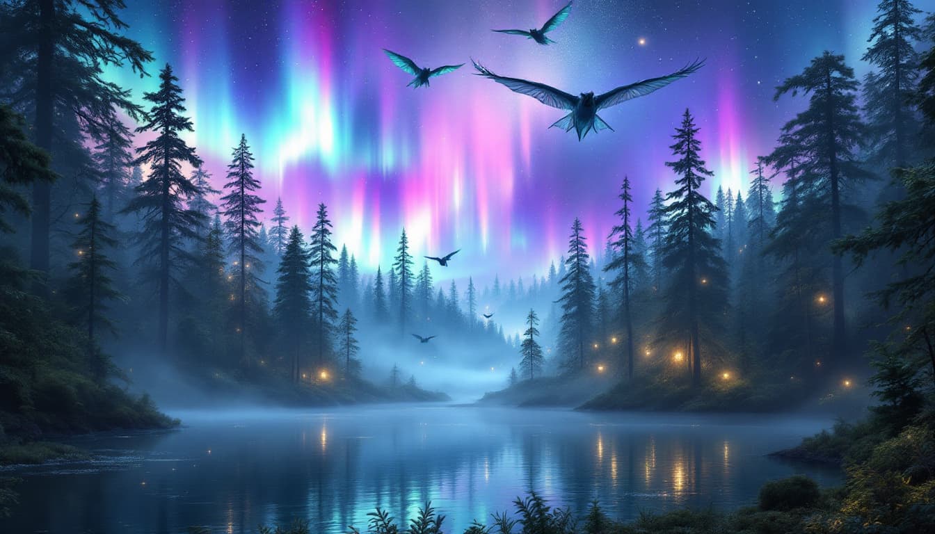 AI generated: "A mystical forest illuminated by the northern lights, with ancient trees standing tall amidst a mag...