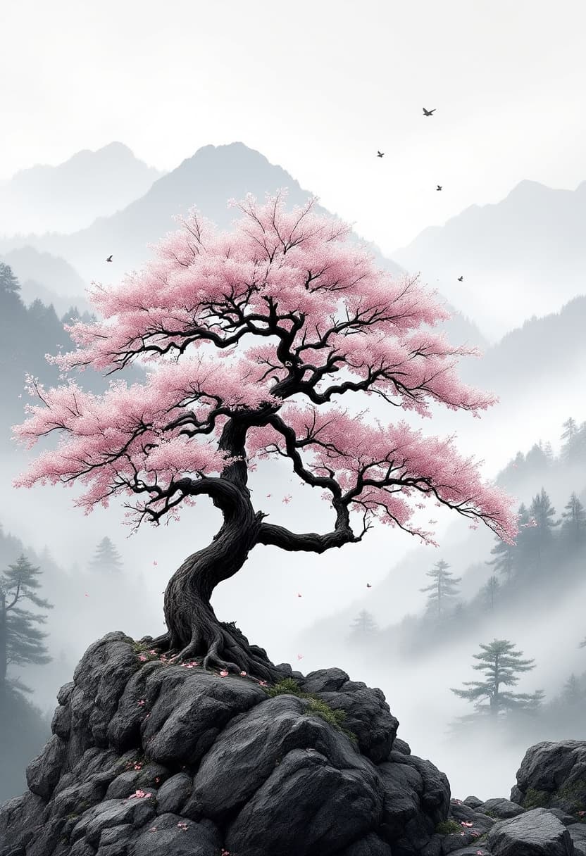 AI generated: Traditional Japanese cherry tree with a naturally twisted trunk and realistic branch structure. off-...
