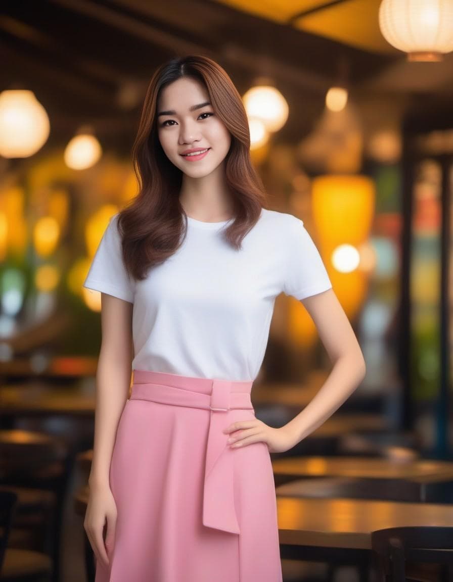 AI generated: female,Thailand, fashion model,long yellow hair, tall, muscle,bluw t-shirt,pink skirt, full body