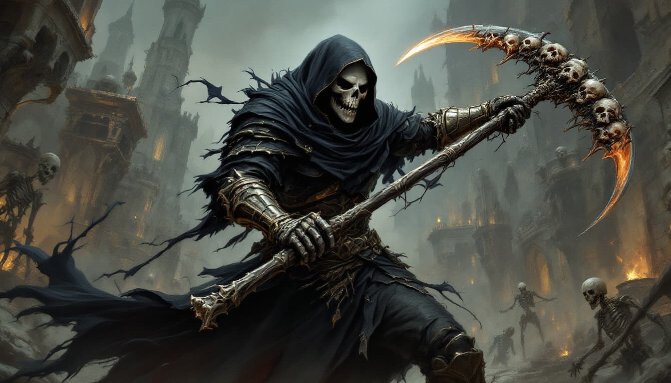 AI generated: painting in the style of a dark fantasy artist of the grim reaper fighting in full plate armor, swin...
