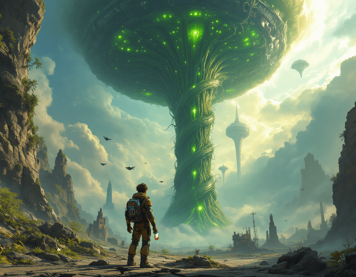 AI generated: A bold young scavenger stands at the base of an enormous organic megastructure spiraling into the cl...