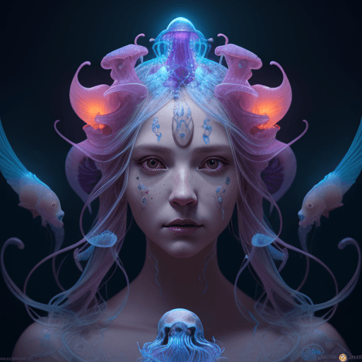 AI generated: Goddess close-up portrait ribcagel. jellyfish phoenix head, nautilus, orchid, skull, betta fish, bio...