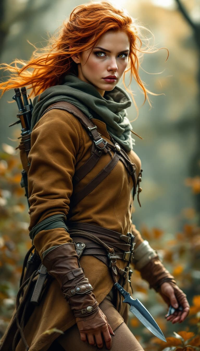 AI generated:  swift, female scout stands ready, her lean physique and wind-tossed copper curls contrasted against...