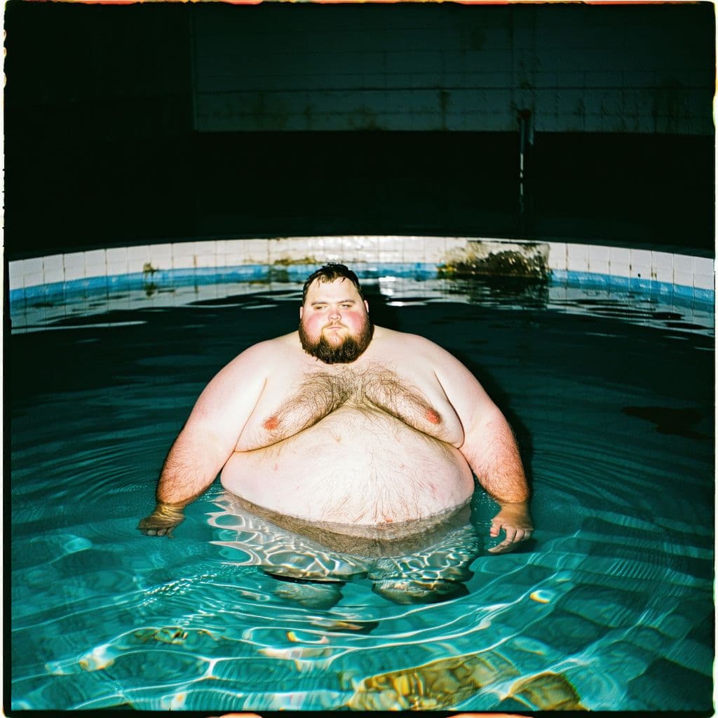 AI generated: Outstandingly obese man stuck in an abandoned pool, grainy 80's quality polaroid photograph, still w...