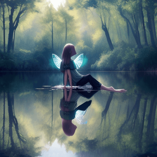 AI generated: "lost in thought, found in nature" trees behind prone girl looks like fairy wings because of reflect...