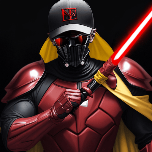 AI generated: a Blackman, with a red baseball cap backwards, sunglasses, in a red metallic dark knight armour suit...