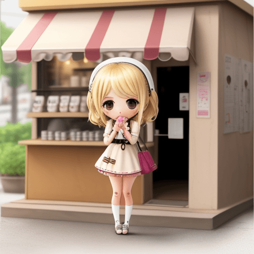 AI generated: adorable blonde girl , wearing cute outfit standing outside coffee shop, full body, chibi, <lora:bli...