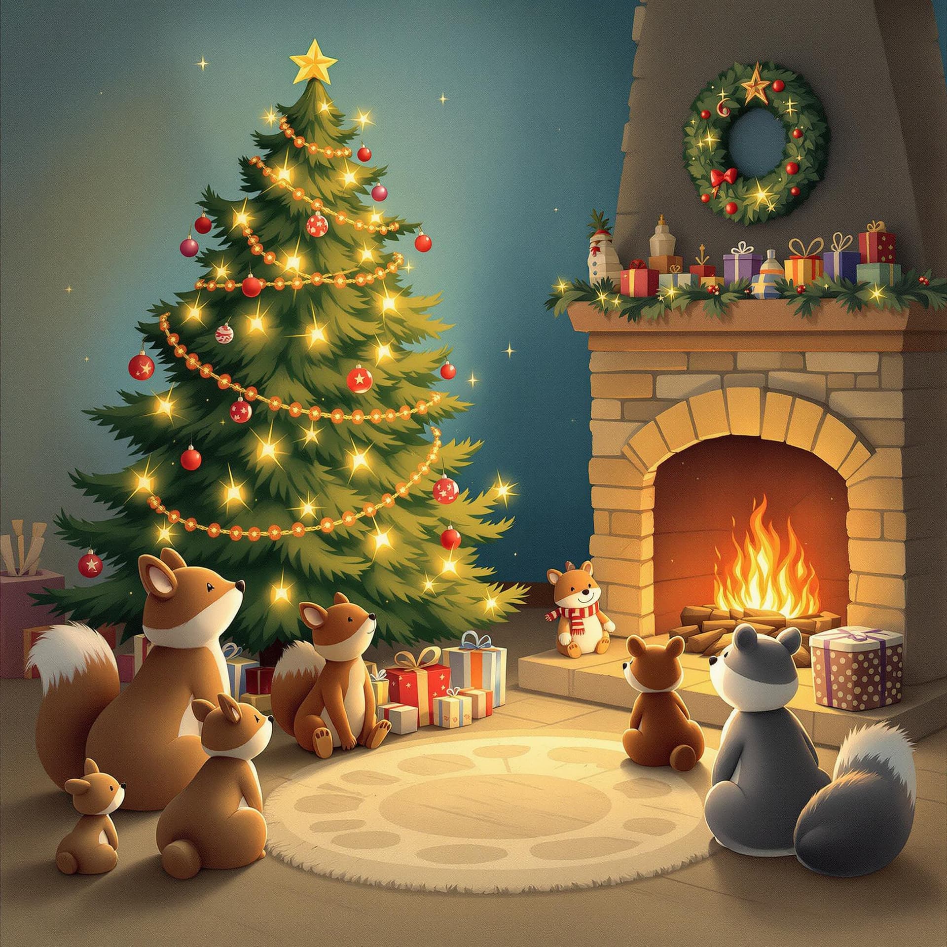 AI generated: forest animals are sitting by the fireplace, waiting for the arrival of the New Year, next to a beau...
