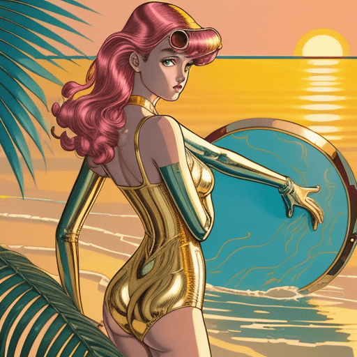AI generated: 80s chrome and steel Retro Sunset,  water, gold, illustration, inspired by James Jean 80s chtome and...