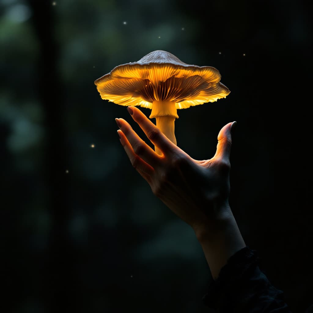 AI generated: elegance female hand, side view reaching up. the fingers are turning into mushrooms. dramatic lighti...