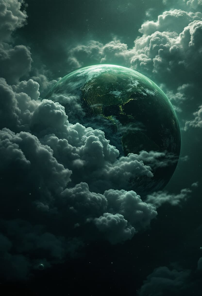AI generated: a Green Planet with grey clouds and large bodies of water but the waters black and it is floating in...