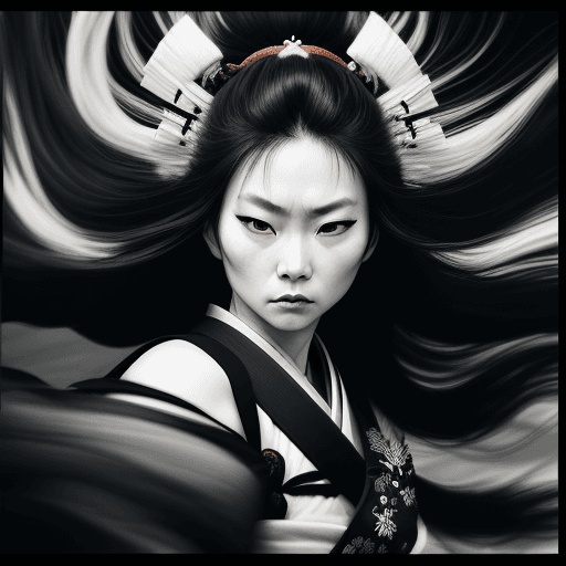 AI generated: A samurai woman, with long wild hair on a windy day, in the style of toy camera effects, haunting el...