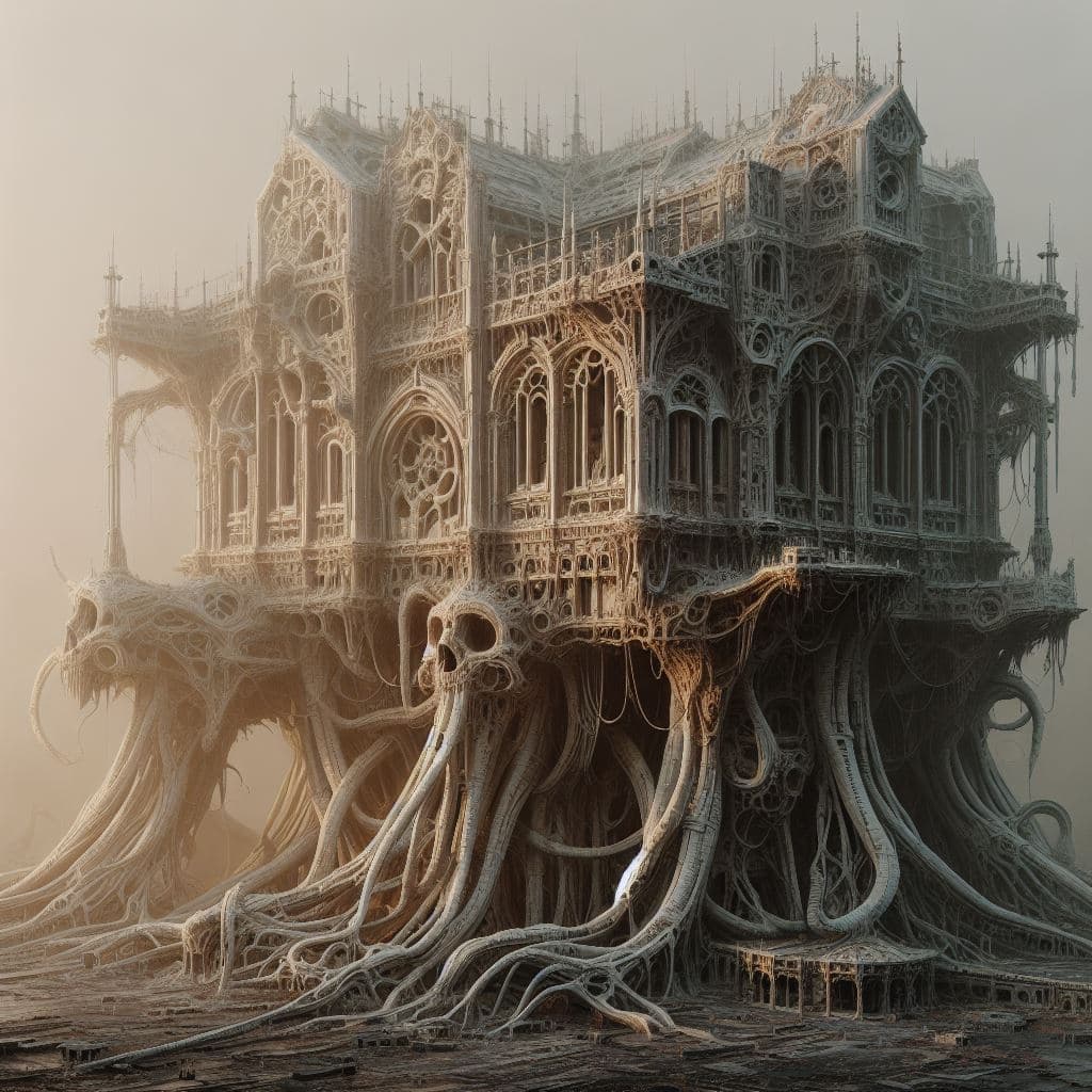 AI generated: in a world inspired by the architecture and design of H.R. Giger and H.P. Lovecraft, the living bein...