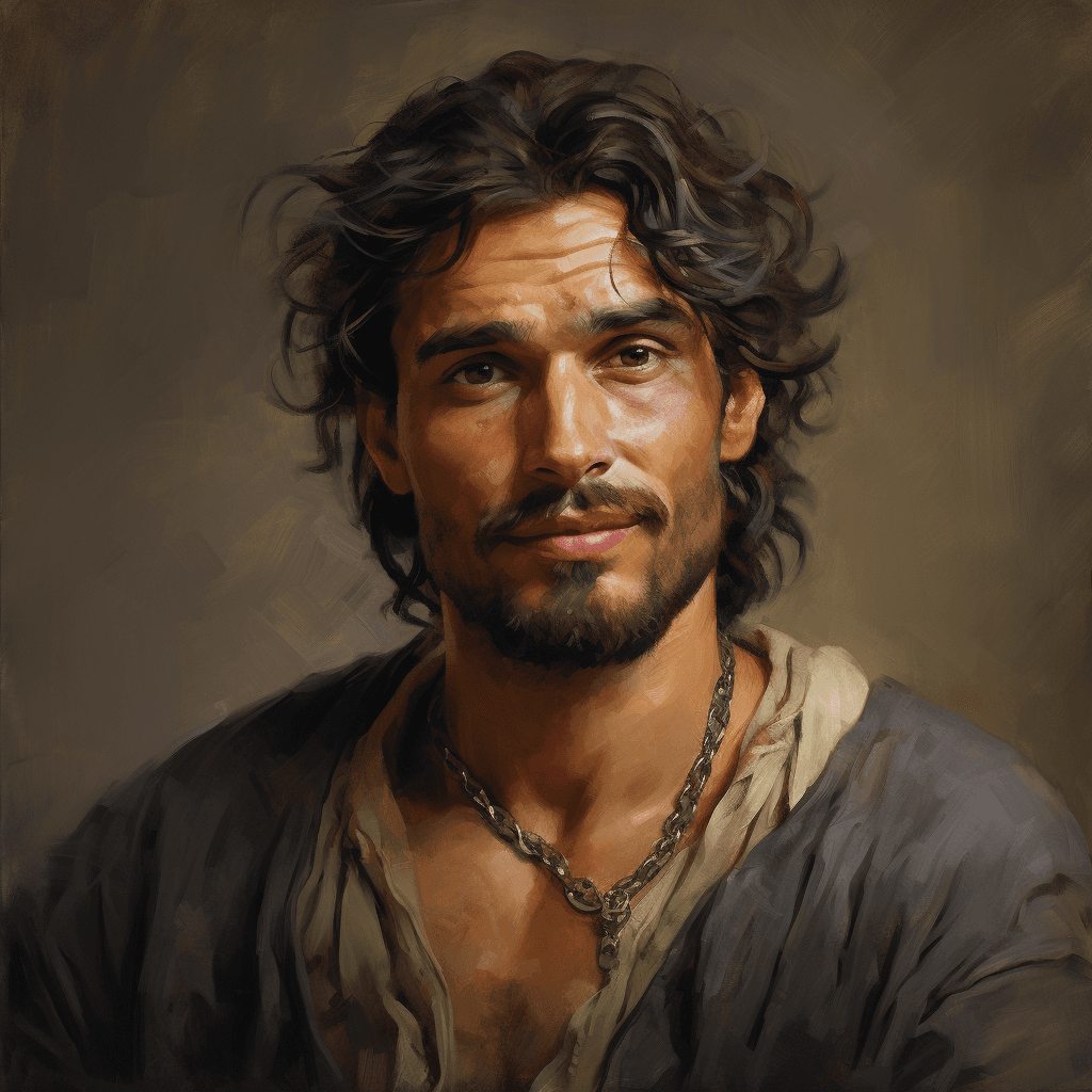 AI generated: analog style, medieval male gypsy peasant, detailed pupils, scars, deformed, mottled patches of skin...