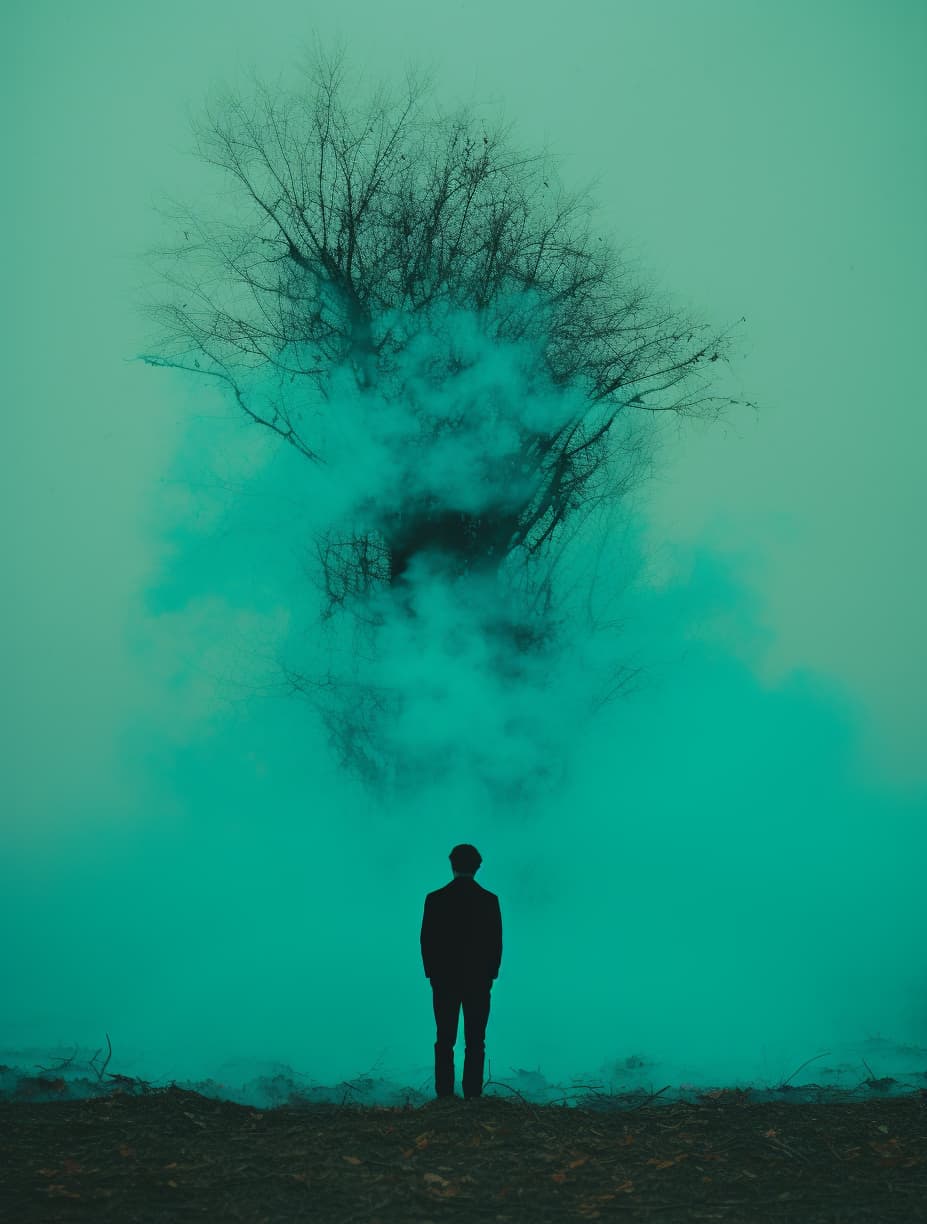 AI generated: a silhouette of a man standing in front of a tree,, very aesthetic!!!!!!!!!!!!!!!, teal aesthetic, f...