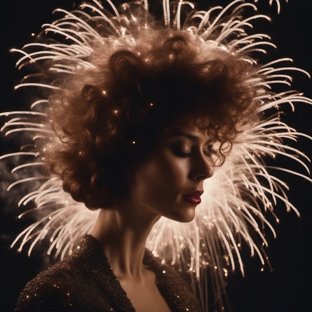AI generated: long exposure image of A vintage lady with fluffy hair with ribbon in written in firework sparklers,...