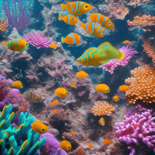 AI generated: the underwater is filled with vibrant colors,
coral reefs emit soft light, 
and schools of fish crea...