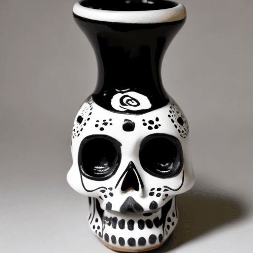 AI generated: ceramic vase, pottery art, day of the dead, white base, small black skull