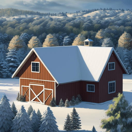 AI generated: hyperrealistic farm bird view of small house. winter colours. pine trees. oak tree