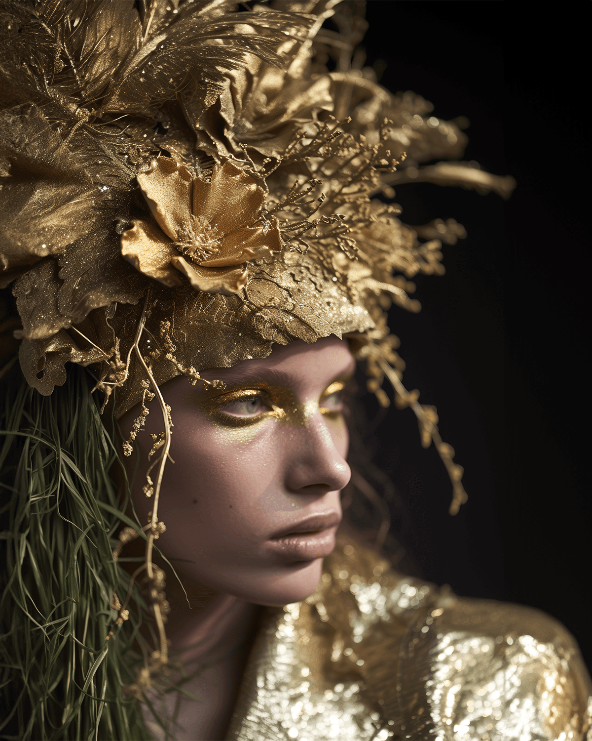 AI generated: fashion show, paris spring, in the style of natural symbolism, gold and bronze, daria endresen, clos...