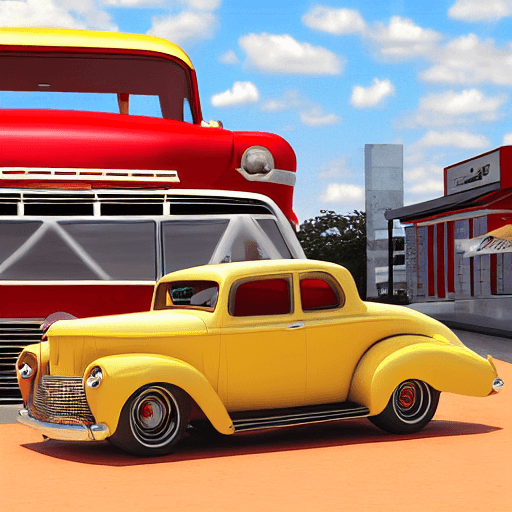 AI generated: Old hot rod, with a backgound of an American diner, 3d render