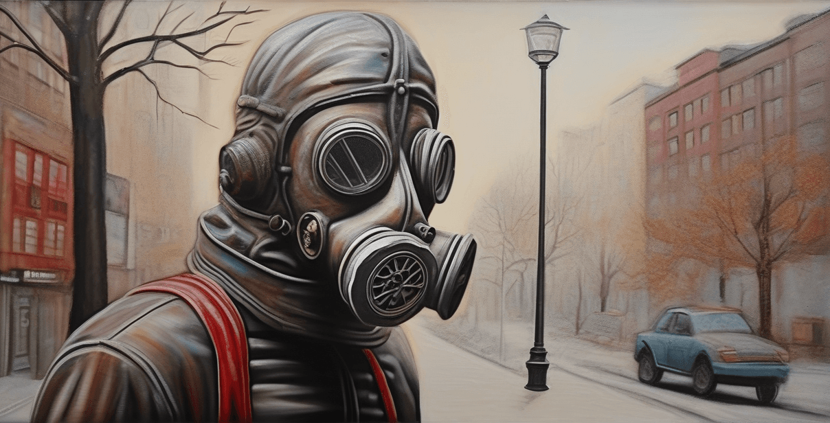 AI generated: man wearing gas mask, Outsider Art, Robotpunk, Streetlights, octane rendering, REDengine engine, Ren...