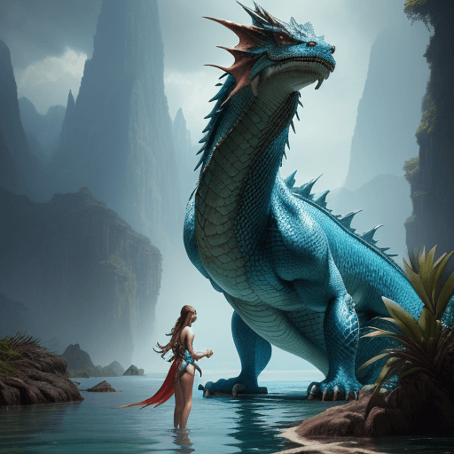 AI generated: a gorgeous woman is standing in the water next to a dragon , in the style of fantasy scenes, realist...