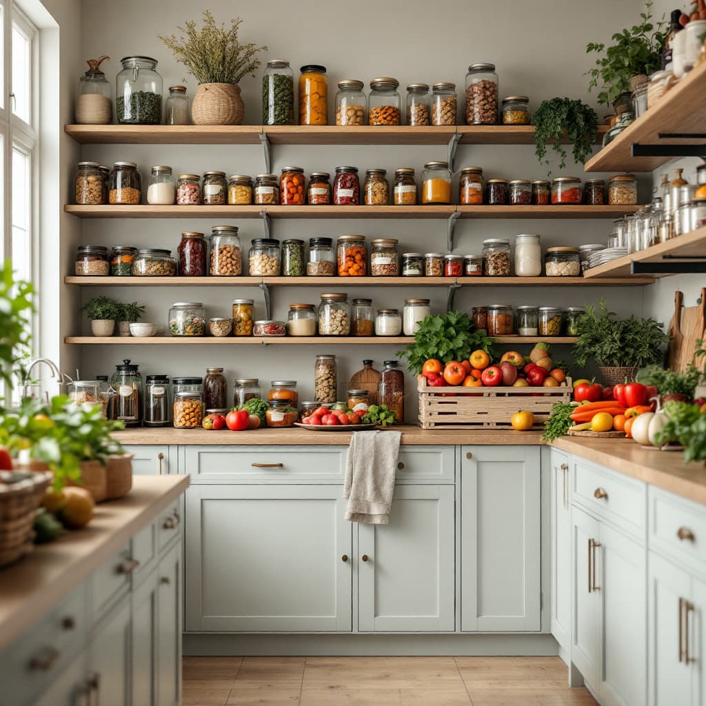 AI generated: A neatly organized pantry filled with jars, cans, and fresh produce dslr, ultra quality, sharp focus...