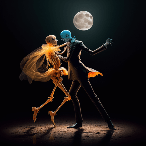 AI generated: a tall tango dancing rotting skeleton dressed in a long orange leather coat and lace dancing like Fr...