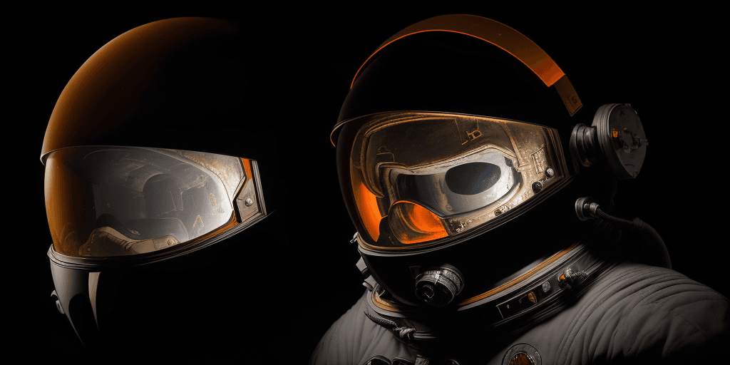 AI generated: an oil painting by H.R. Giger of an astronaut's helmet and visor on the black background, the face i...