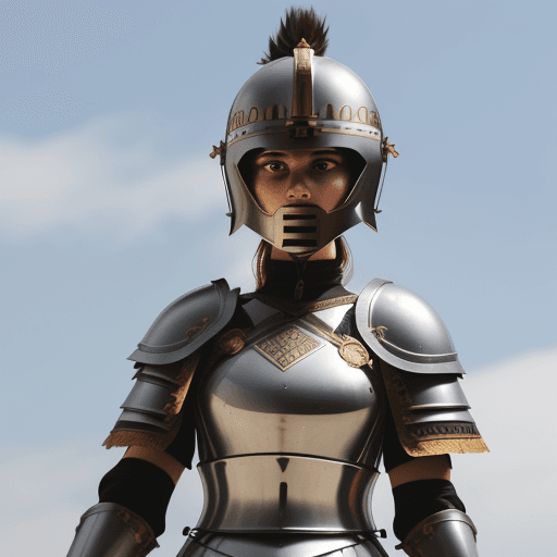 AI generated: Extreme low angle photo of a woman Roman legionary wearing his helmet and armor, he is awaiting for ...