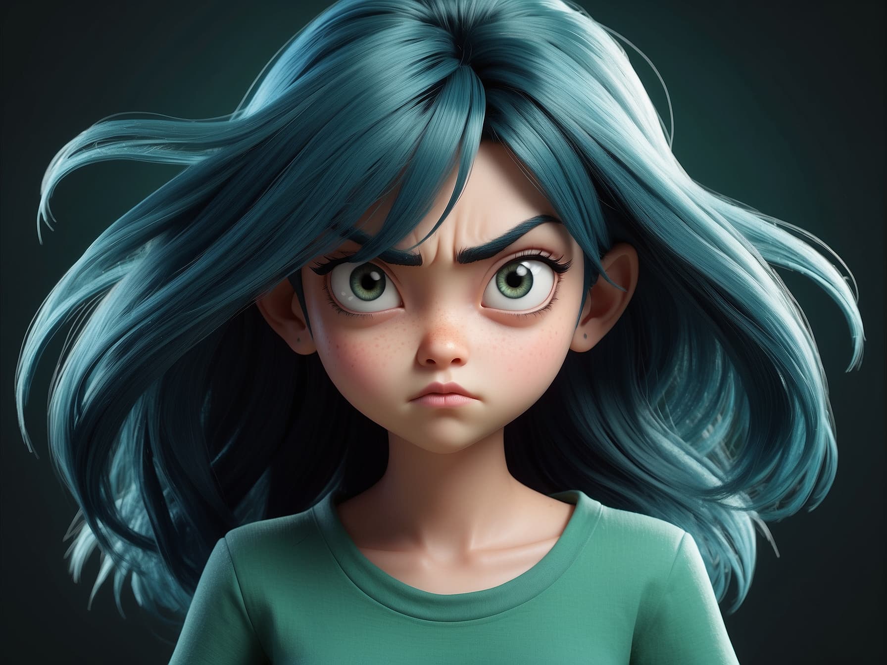 AI generated: a cartoon girl with blue hair and green eyes, a 3D render by Grillo Demo, featured on cgsociety, pho...
