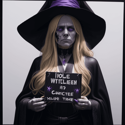 AI generated: A surprised woman with long blonde hair dressed as a witch with a hat, wearing a black robe with an ...