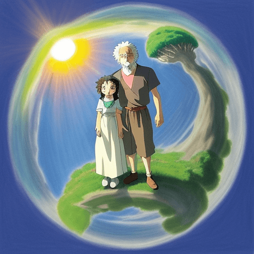 AI generated: Children’s drawing of the sky father and earth mother, sunlight, studio ghibli