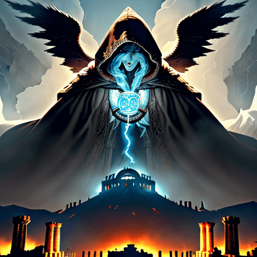 AI generated: A tapestry of a giant monster in a robe and a hood over its head obscuring it's face  with only two ...