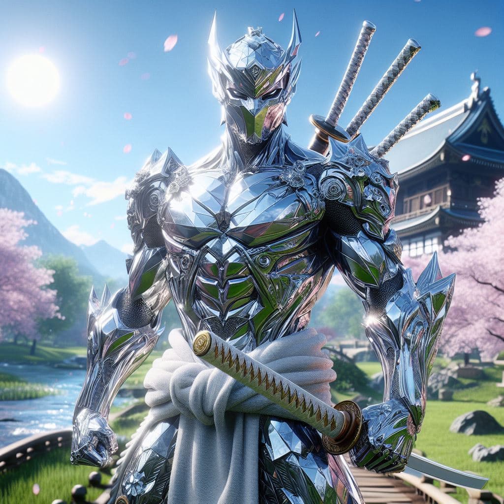 AI generated: Hachiman stands tall and proud in his Diamond skin, his armor gleaming in the bright sunlight. He ho...
