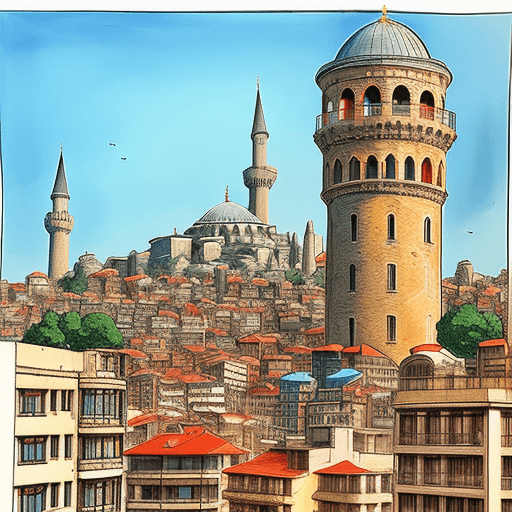 AI generated: chaotic stunning galata tower in istanbul, style of tin tin comics, pen and ink. Vintage 90's anime ...