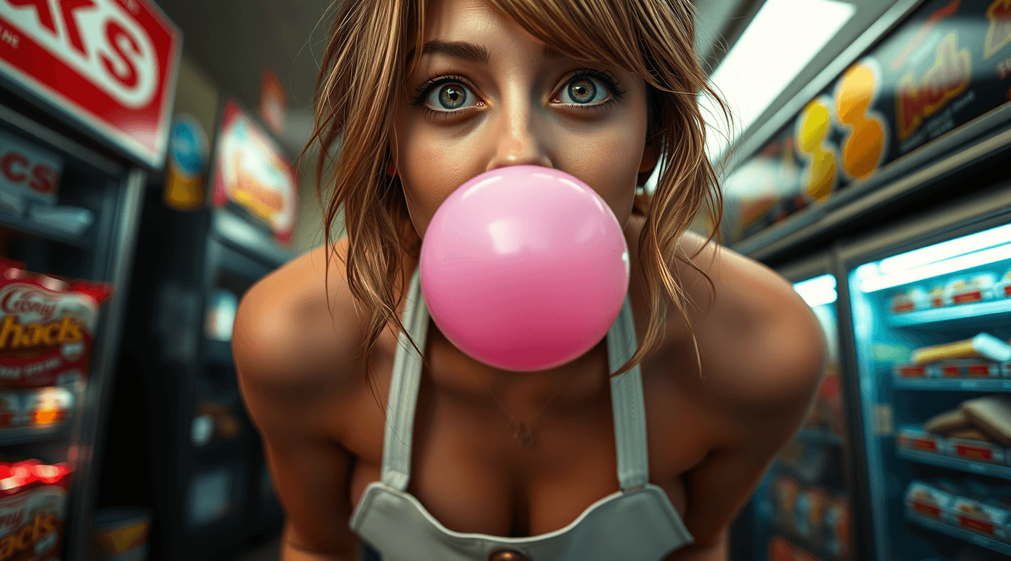 AI generated: 200mm RAW photograph of snacks shop assistant, no underwear, well fit and perfect torso, bulging bre...