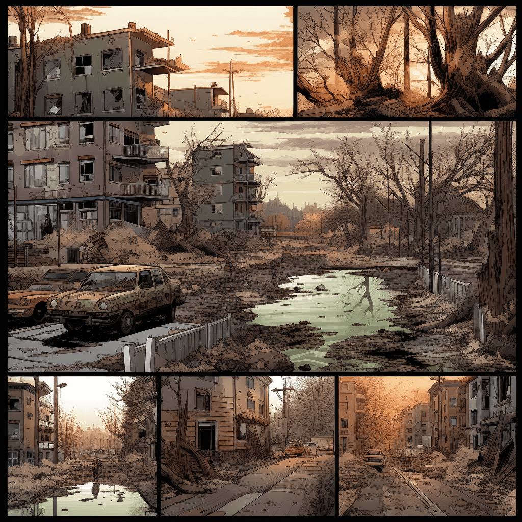 AI generated: pages of various scenes from the comic book stumbled souls, in the style of precise, detailed archit...
