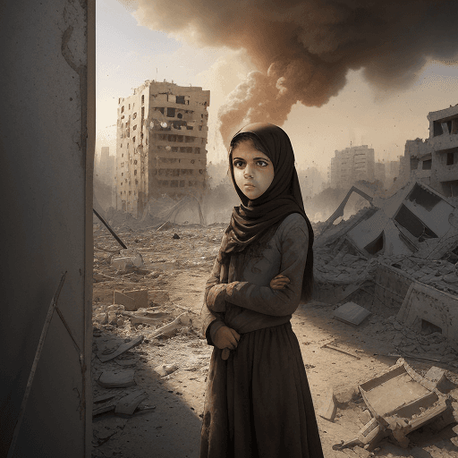 AI generated: A realistic image of a Palestinian young girl, 13 years old, in a war torn Gaza, brown eyes, standin...