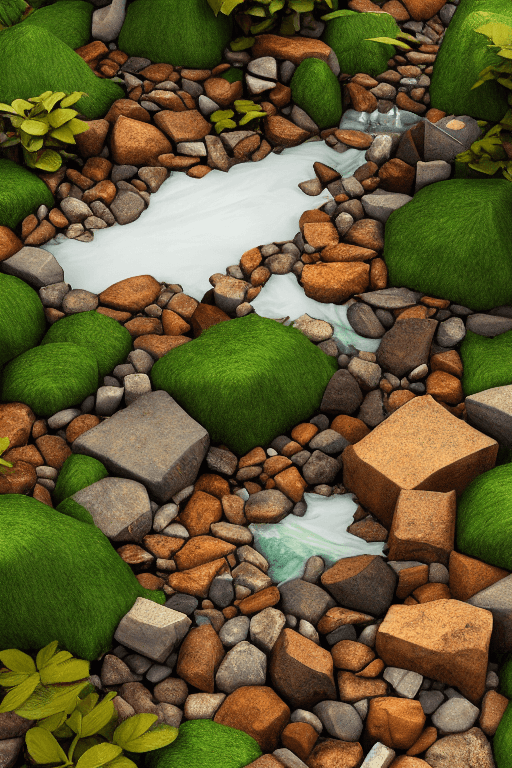 AI generated: isometric diorama paper box of forest with stream, stones, mud, mose, daylight colors scheme, rich c...