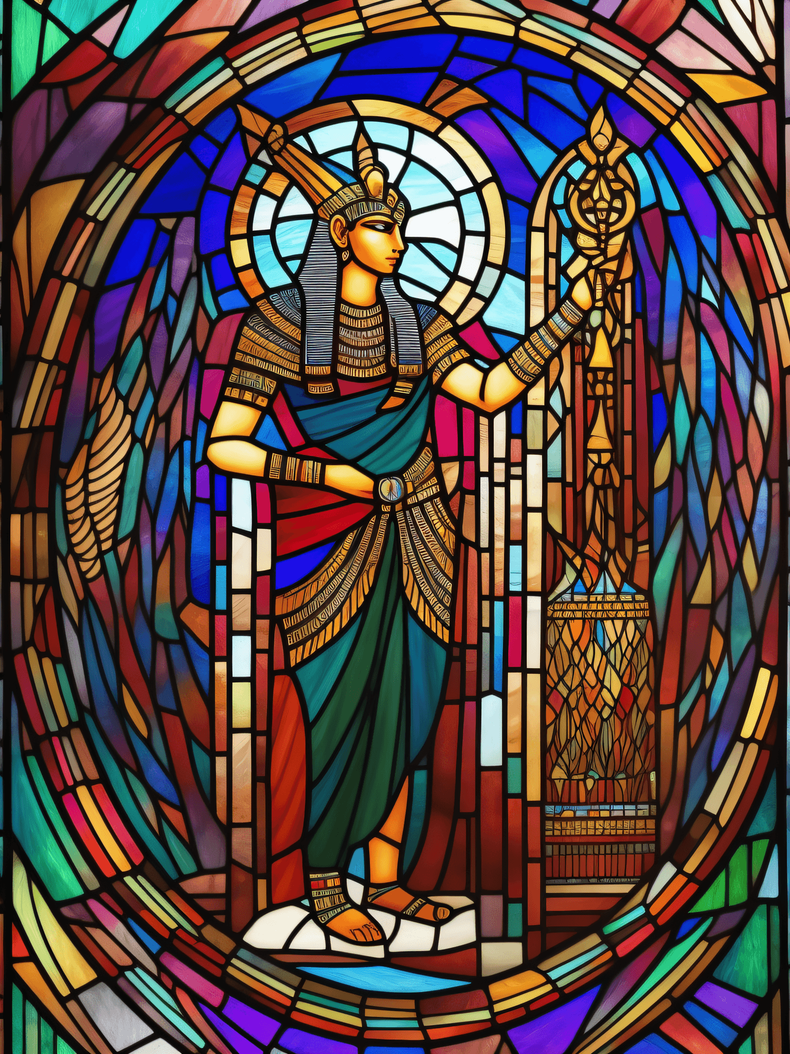 AI generated: In a mesmerizing blend of stained glass and surrealism, create a transcendent work of art depicting ...