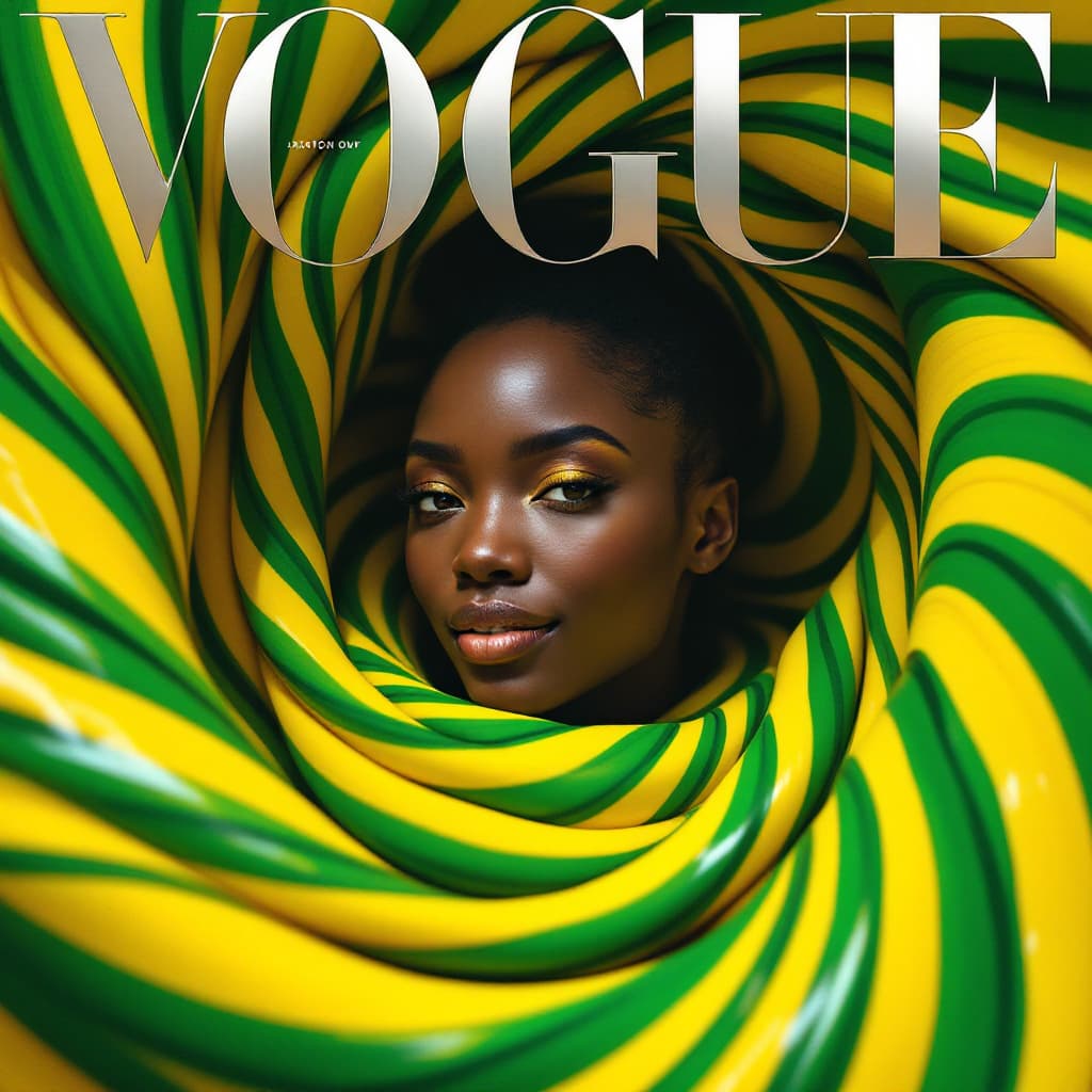 AI generated:  VOGUE magazine cover featuring a mesmerizing African woman wrapped in a swirling vortex yellow and ...