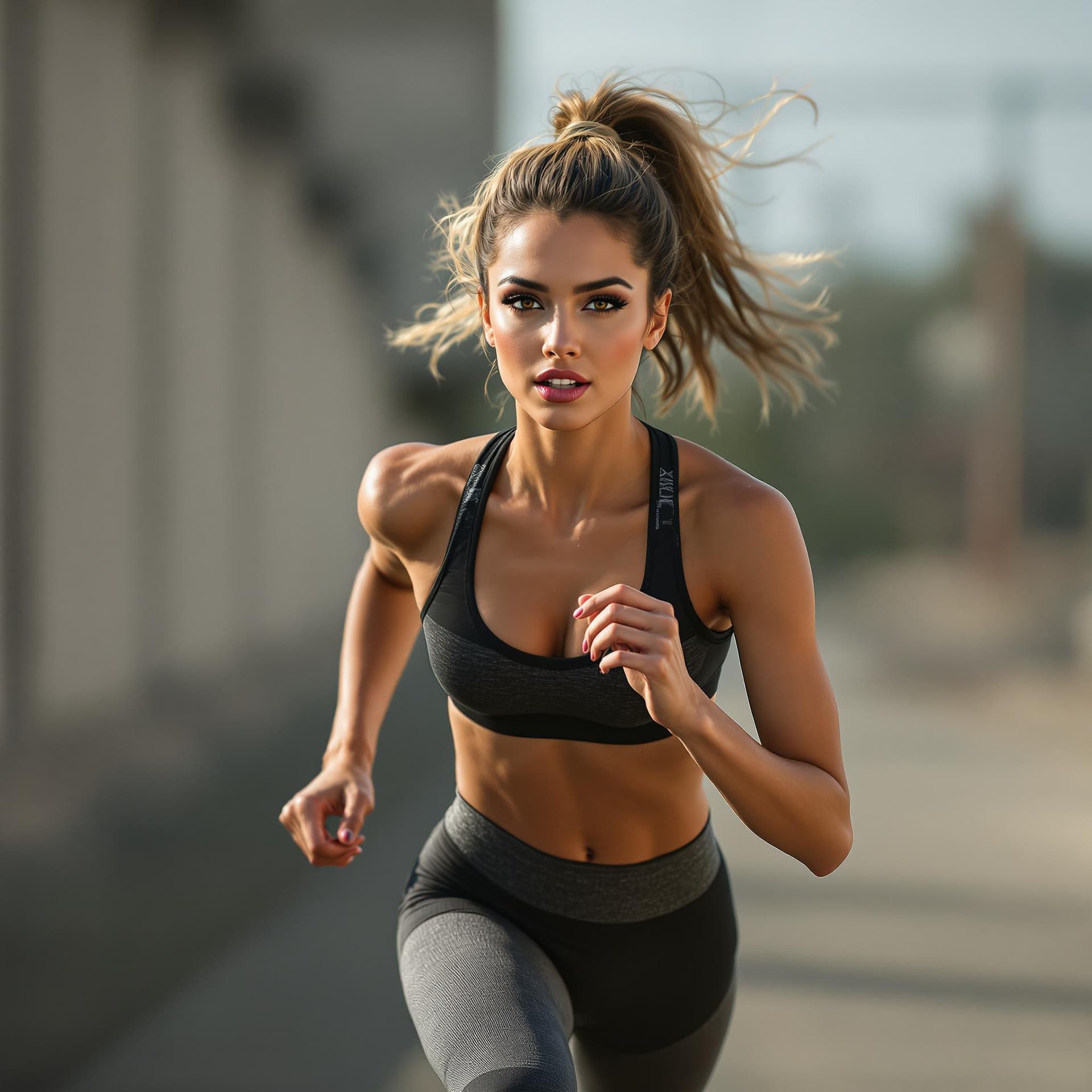AI generated: a beautiful woman running towards the camera in gym clothes, beautiful eyes, fashion editorial